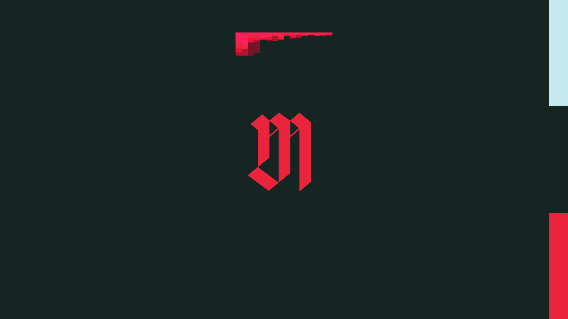 An image with a black background and red logo in center Logo is the a modified letter M in blackletter. Design made in adobe Illustrator