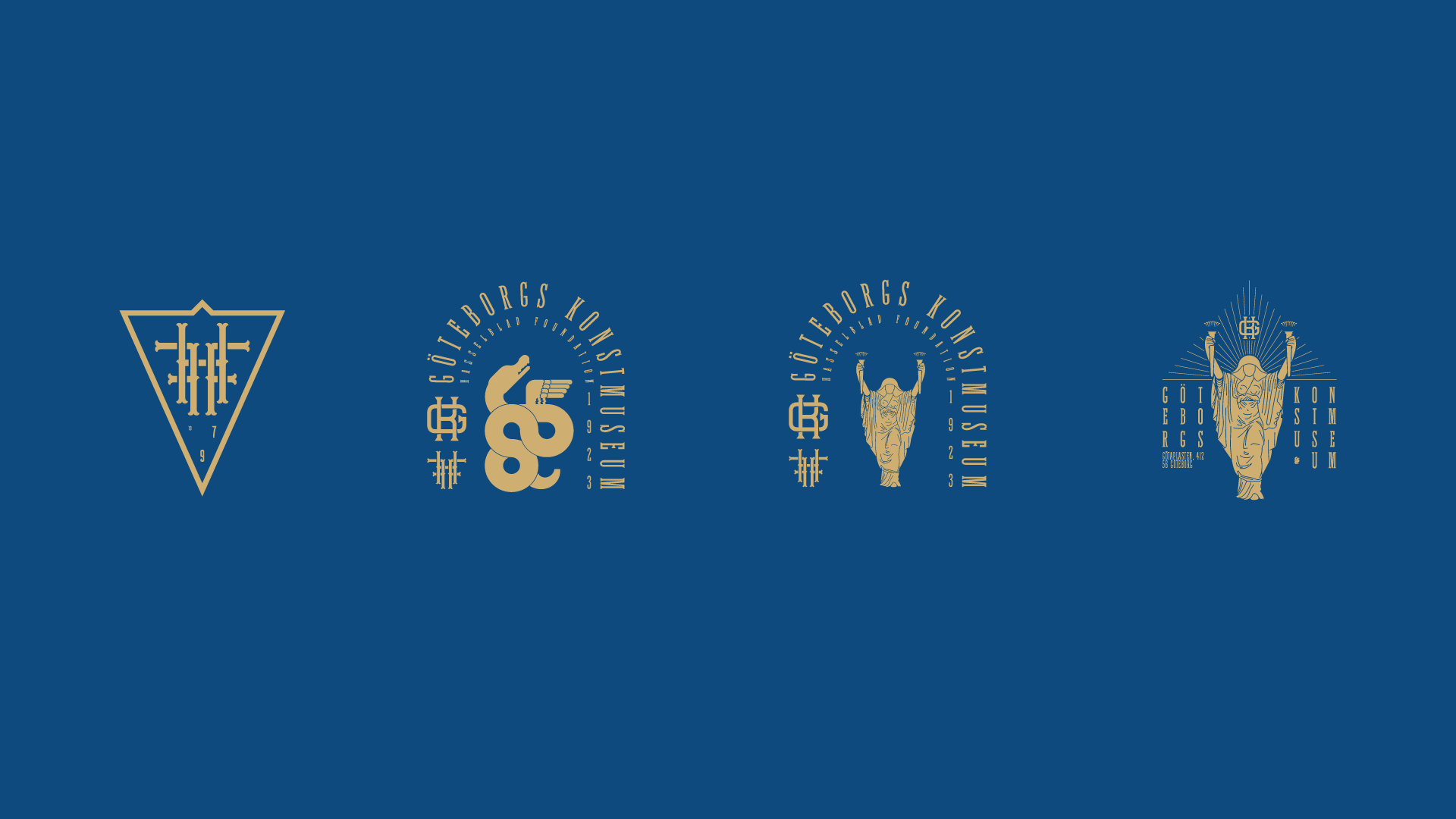 A dark image with 4 gold colored logos on top. The logoes are a triangle, a dragon, and two with a woman holding two torches. Each logo has some gold typogrpahy with them as well. Made in Adobe Illustrator